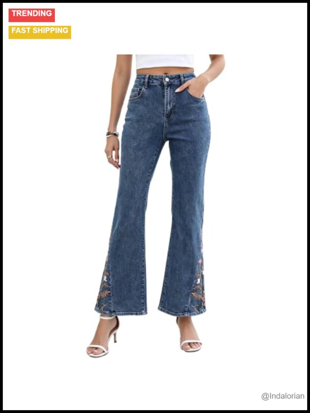 High Waisted Floral Embroidered Cropped Wide Leg Jeans Cotton